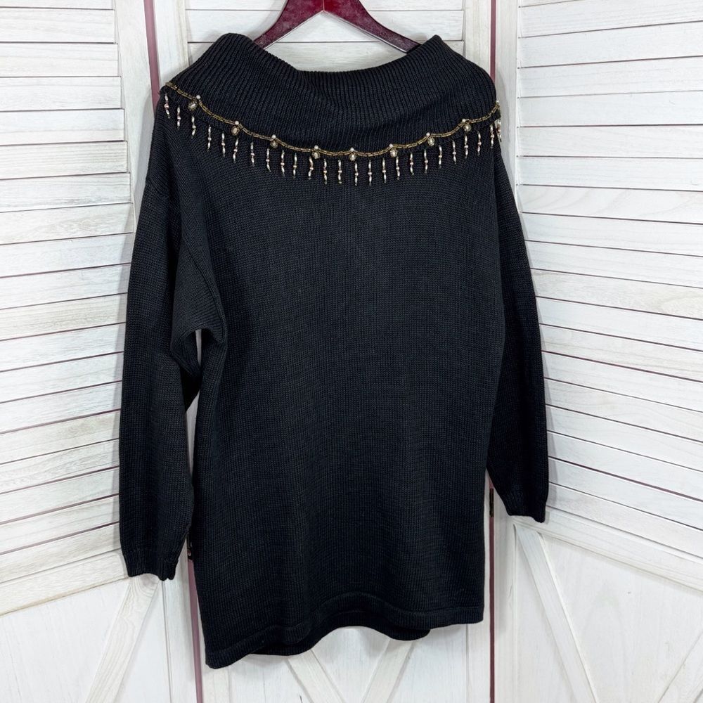 Vintage Victoria Jones 90s Floral Beaded Cowl Neck Tunic Sweater Black Medium - Picture 8 of 11